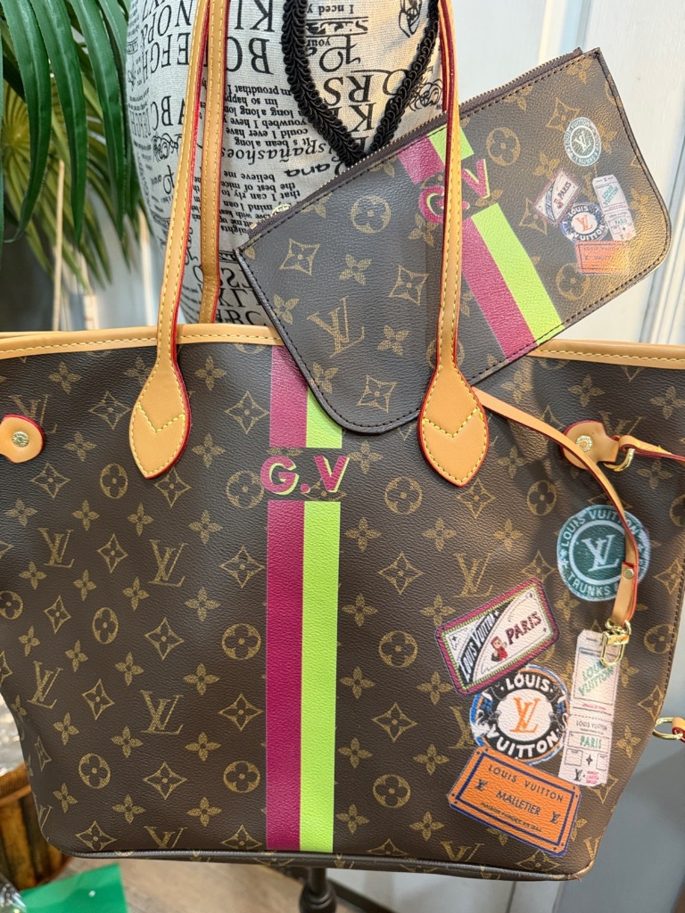 Lv‎ Brown Monogram Tote with Pink & Lime Stripes